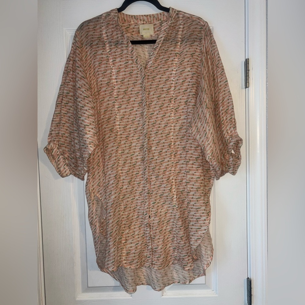 ANTHROPOLOGIE MAEVE Womens XS Orange Green Poplin Puffy Sleeve Button Down Tunic